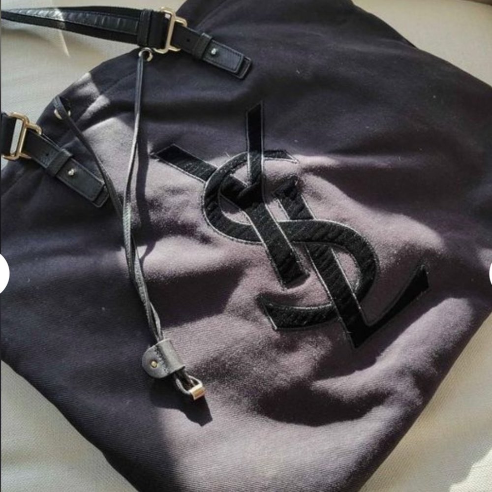 Yves Saint Laurent Signature Black Velvet Monogram Adjustable Double Handle Tote